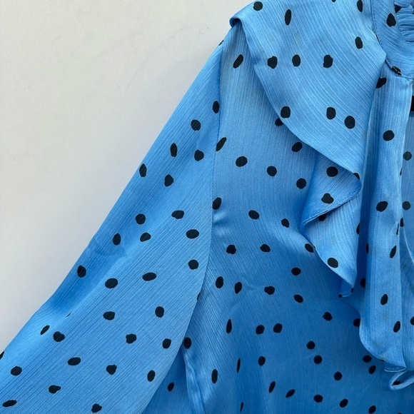 Y2K ZARA Blue-black polka-satin Deep V lace up ruffle coquette satin blouse S - Picture 6 of 10